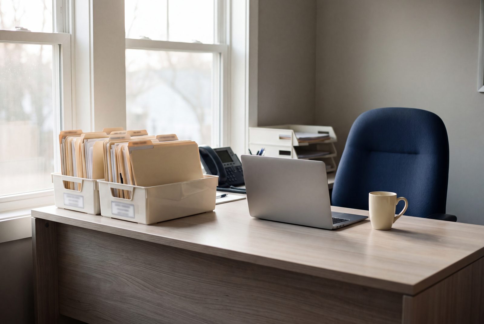 A tidy front office desk with sorted folders in the morning light