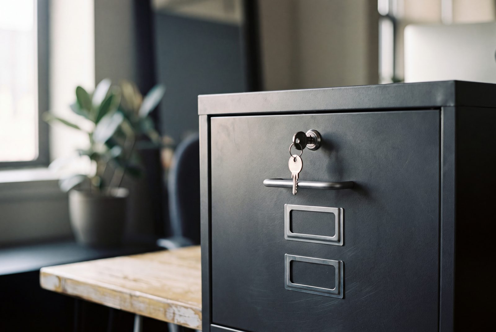A labeled records cabinet beside a clear work surface