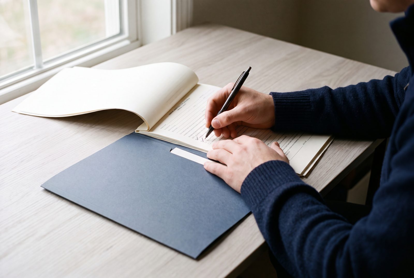 Hands checking a printed form packet with a pen, beside a navy folder