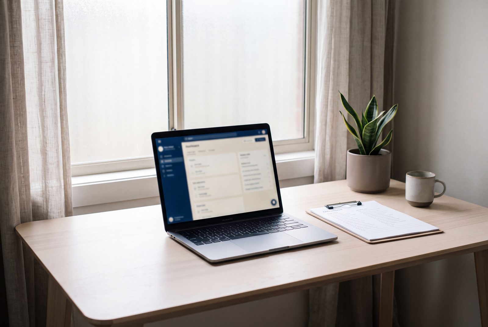 A laptop on a pale wood desk beside a clipboard and a small plant, in soft daylight